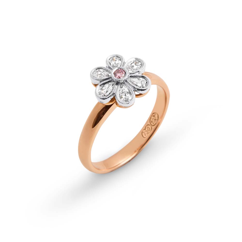 Brett's Jewellers 18ct rose gold pink and white diamond ring