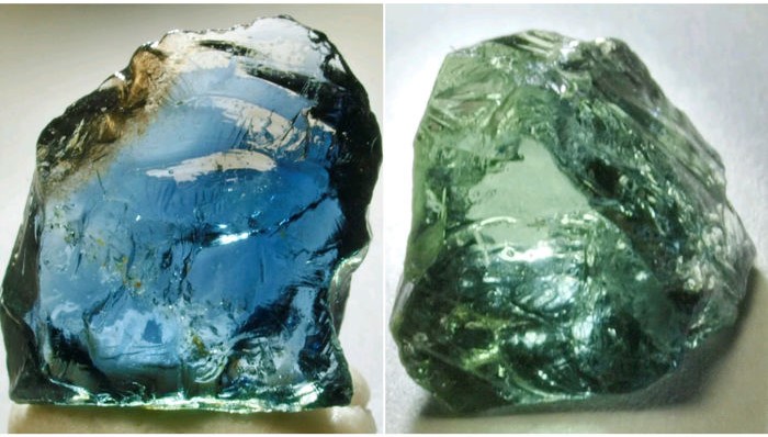 An example of pleochroism seen in an Aussie sapphire dichroism. When viewed from one angle is shows blue, when viewed from another it is green.